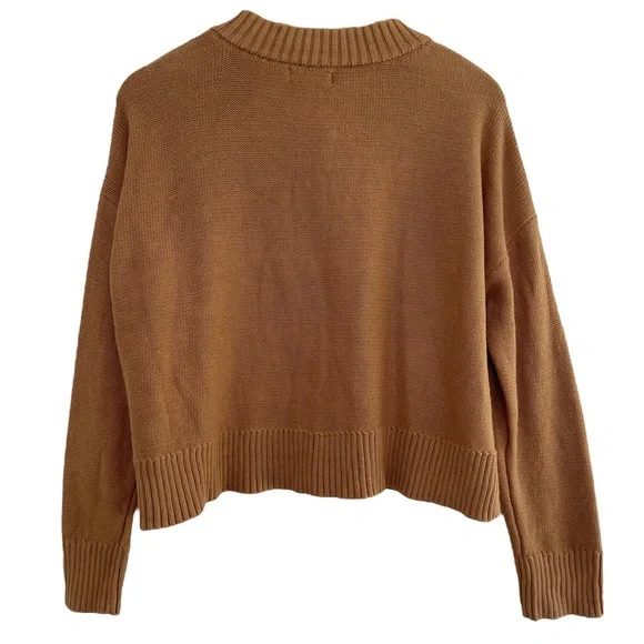 Quince Organic Cotton Cropped Cardigan Sweater Camel Brown Faux Horn Button Sz M - Picture 11 of 16